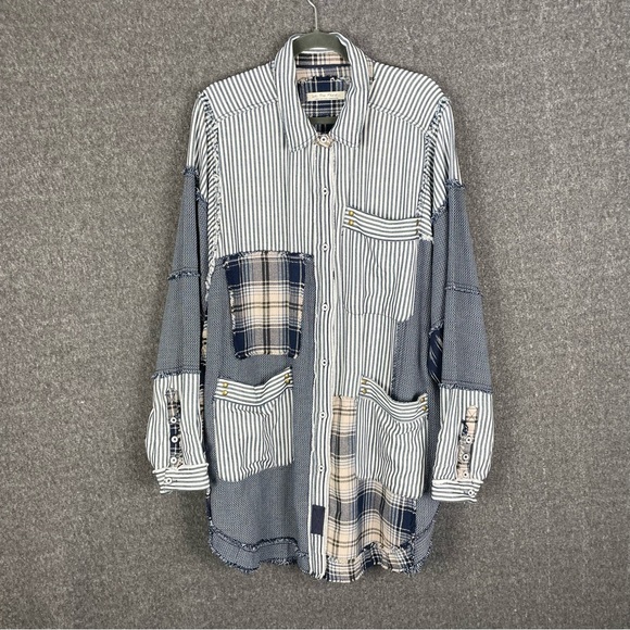 Free People Railroad Dreams Button Down Top Oversized Mid-Weight Plaid Patchwork - Picture 3 of 11